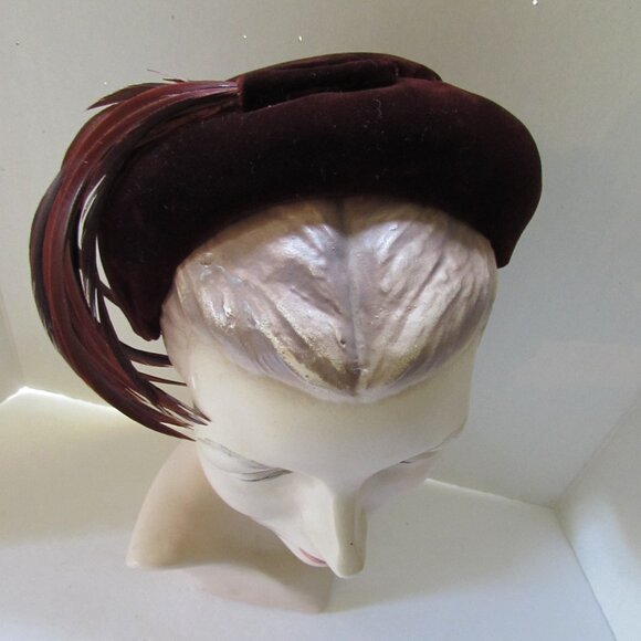 SALE  Sophisticated Henna Brown Velvet Mid Century Style Hat with Feather main image 8